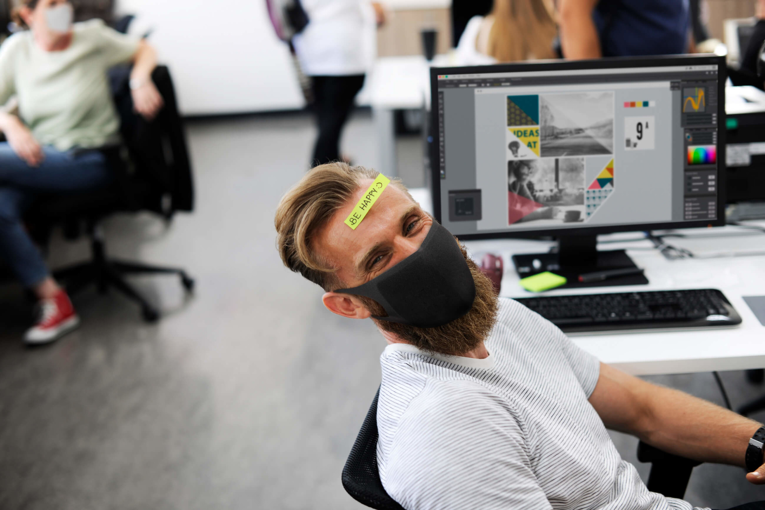 Happy employee in mask