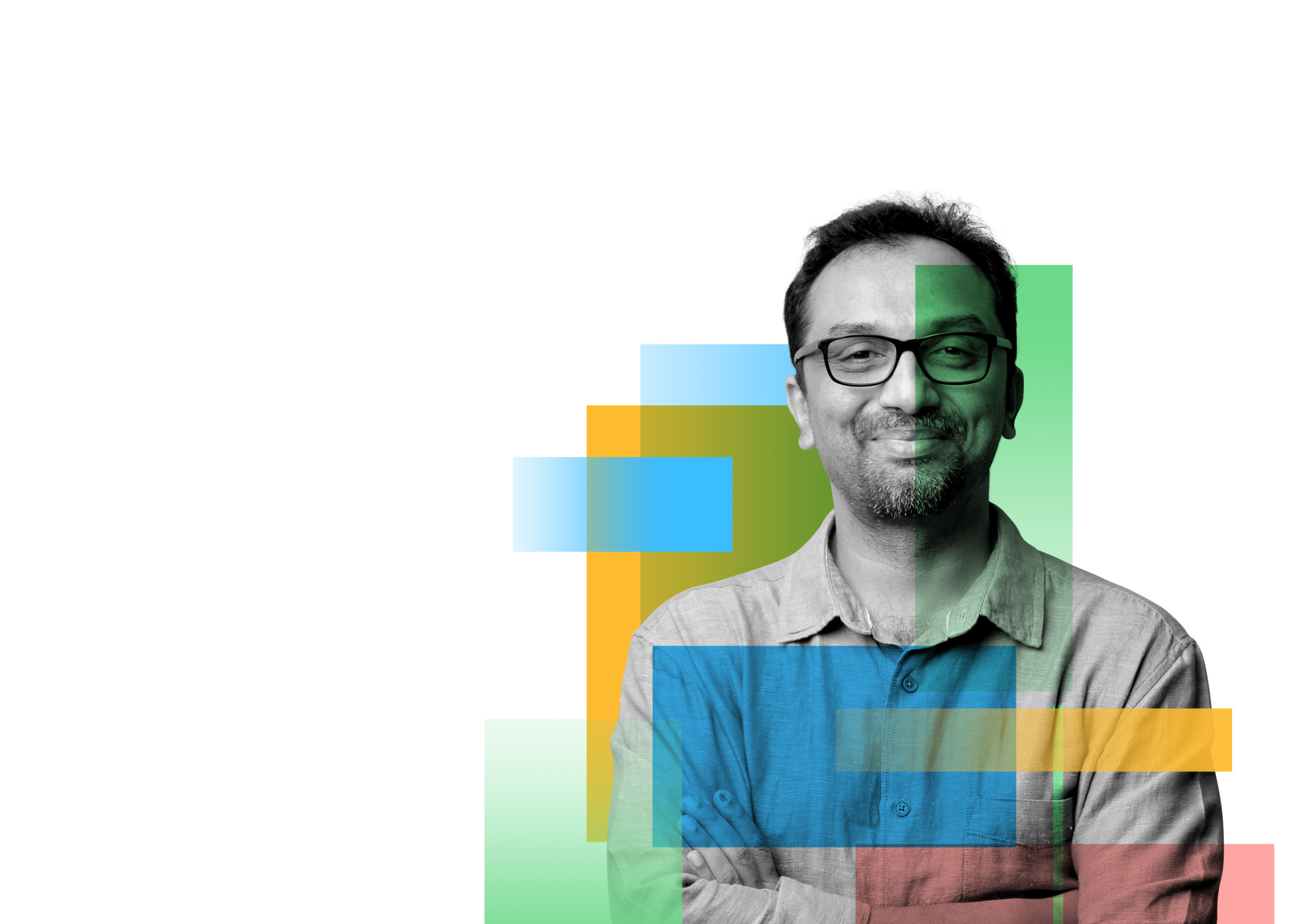 Smiling partner in glasses with colored bars